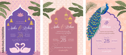 Indian Wedding Invitation and Save the date templates set. Exotic wedding theme with palms and peacock 