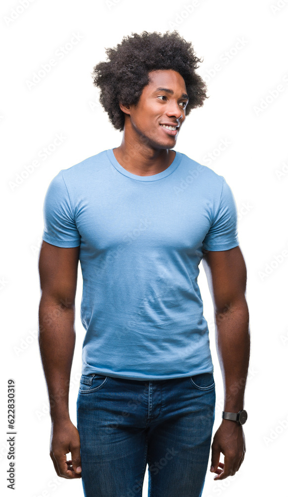Afro american man over isolated background looking away to side with smile on face, natural expression. Laughing confident. Afro american man over isolated background looking away to side with smile on face, natural expression. Laughing confident.