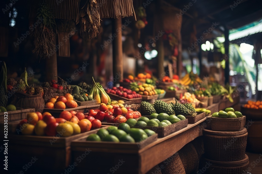 A tropical island market filled with vibrant fruits, spices, and local handicrafts, showcasing the cultural richness and authenticity of the destination. Generative AI