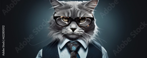 Fotografia Cute cat in suit with sunglasses is on a black background.