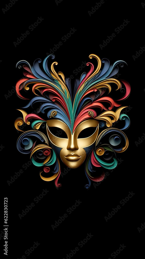A gold mask with colorful swirls on a black background. Generative AI. A gold mask with colorful swirls on a black background. Generative AI.