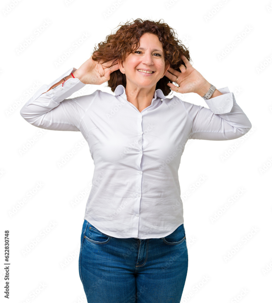 Beautiful middle ager senior businees woman over isolated background Smiling pulling ears with fingers, funny gesture. Audition problem Beautiful middle ager senior businees woman over isolated background Smiling pulling ears with fingers, funny gesture. Audition problem