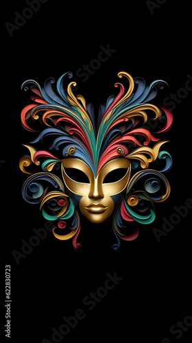 A gold mask with colorful swirls on a black background. Generative AI.