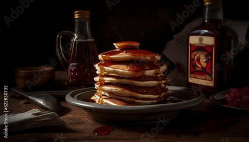 Freshly baked pancakes stack on rustic wood table generated by AI