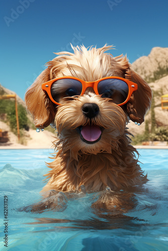 Super cute photorealistic baby dog with sunglasses on holiday by the ocean and beach - sunny day - funny © DR