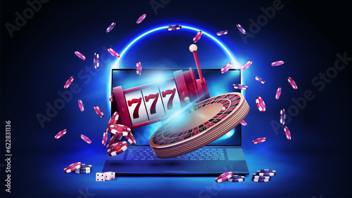 Online casino, blue banner with laptop, slot machine, Casino Roulette and poker chips in blue scene with neon ring on background.