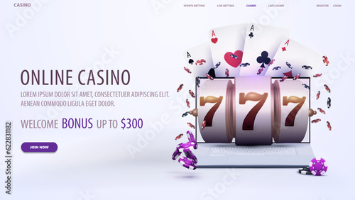 Online casino, white web banner with laptop, slot machine, playing cards and poker chips on white background