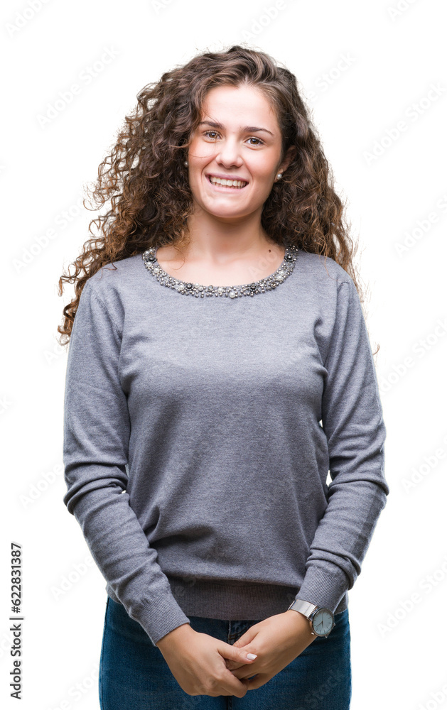 Beautiful brunette curly hair young girl wearing a sweater over isolated background with a happy and cool smile on face. Lucky person. Beautiful brunette curly hair young girl wearing a sweater over isolated background with a happy and cool smile on face. Lucky person.