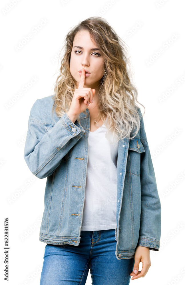 Beautiful young blonde woman wearing denim jacket over isolated background asking to be quiet with finger on lips. Silence and secret concept. Beautiful young blonde woman wearing denim jacket over isolated background asking to be quiet with finger on lips. Silence and secret concept.