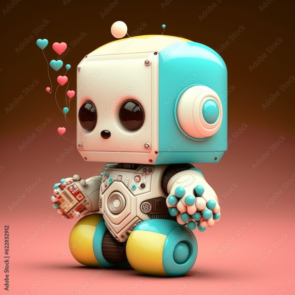Cute small pastel robot cartoon retro style on pink background. Illustration. Generative AI Cute small pastel robot cartoon retro style on pink background. Illustration. Generative AI