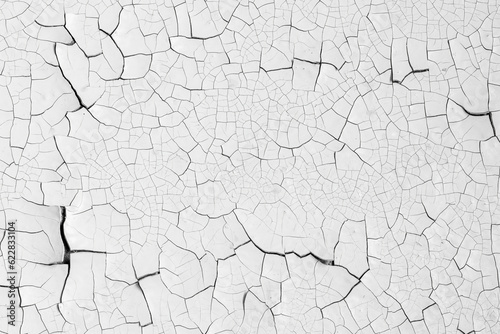 White peeling paint on the wall. Old concrete wall with cracked flaking paint. Weathered rough painted surface with patterns of cracks and peeling. High resolution texture for background and design.