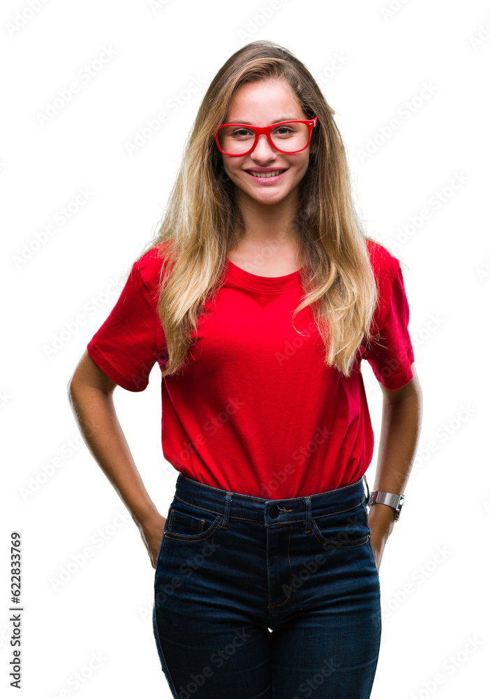Young beautiful blonde woman wearing glasses over isolated background with a happy and cool smile on face. Lucky person. Young beautiful blonde woman wearing glasses over isolated background with a happy and cool smile on face. Lucky person.