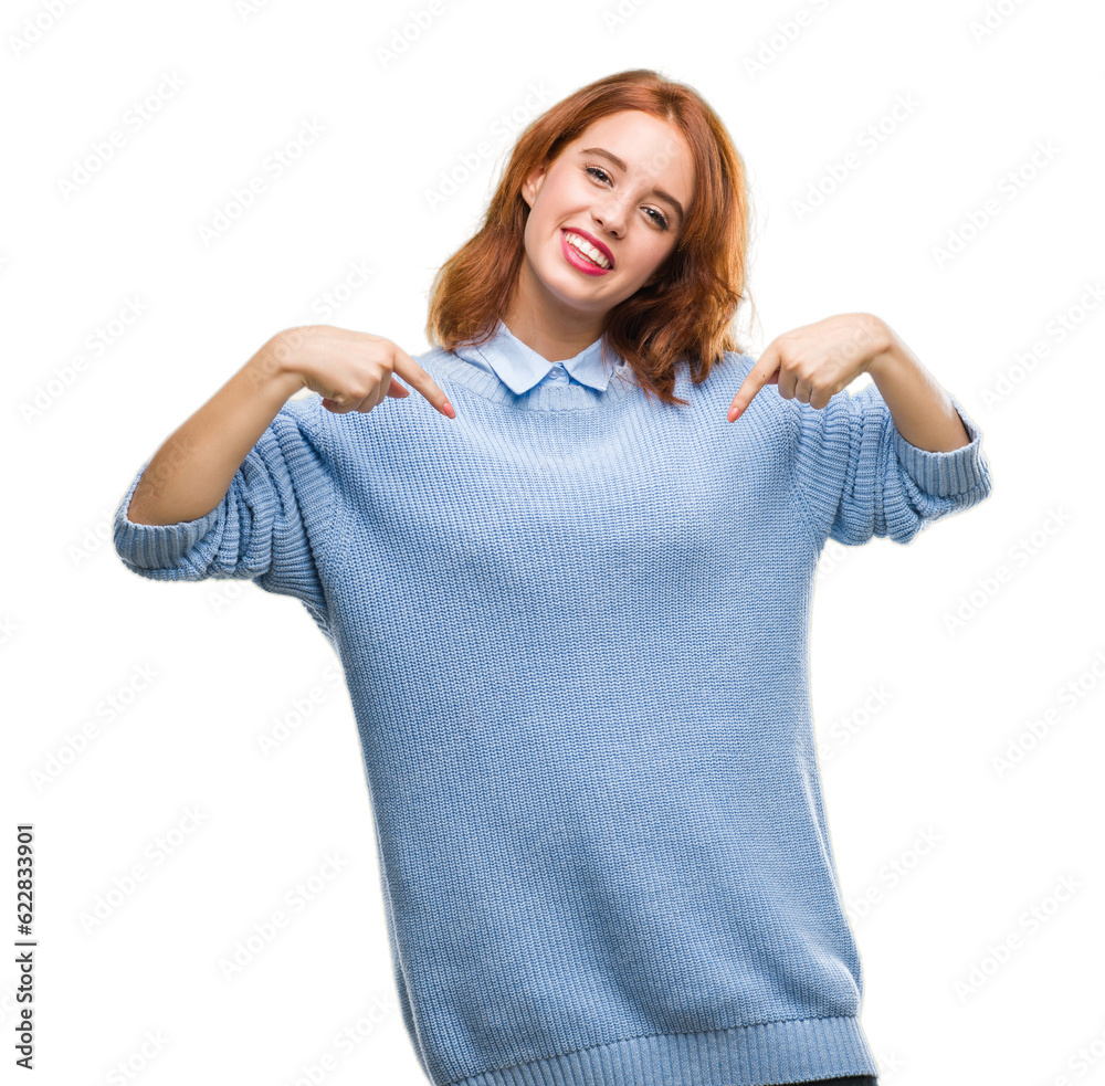 Young beautiful woman over isolated background wearing winter sweater looking confident with smile on face, pointing oneself with fingers proud and happy. Young beautiful woman over isolated background wearing winter sweater looking confident with smile on face, pointing oneself with fingers proud and happy.