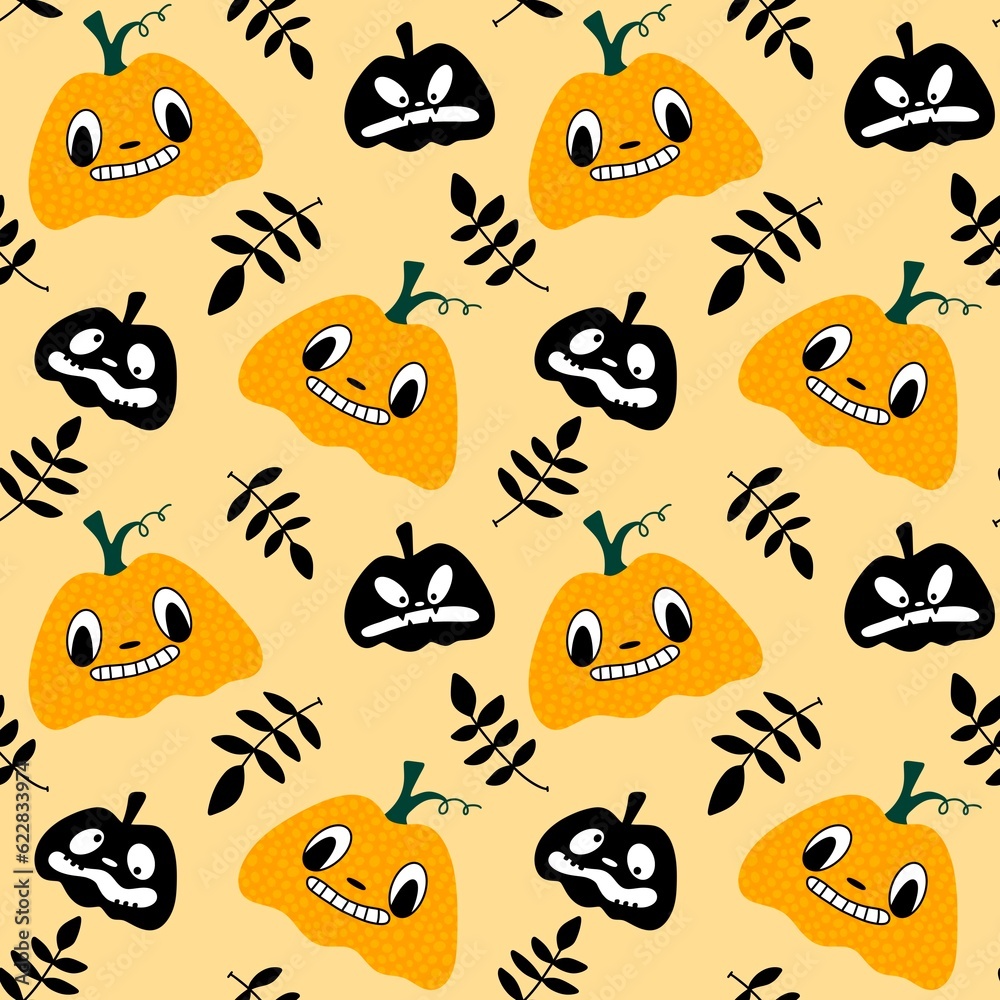 Cartoon autumn vegetable seamless Halloween pumpkins pattern for wrapping paper and fabrics and kids clothes print