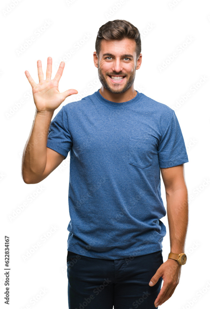 Young handsome man over isolated background showing and pointing up with fingers number five while smiling confident and happy. Young handsome man over isolated background showing and pointing up with fingers number five while smiling confident and happy.