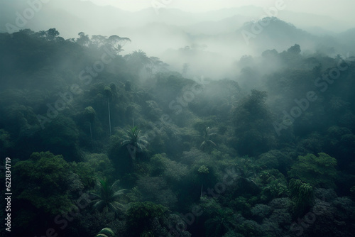 Aerial view of a misty rainforest in a foggy day. Generative AI.