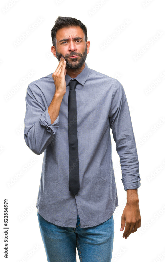 Adult hispanic business man over isolated background touching mouth with hand with painful expression because of toothache or dental illness on teeth. Dentist concept. Adult hispanic business man over isolated background touching mouth with hand with painful expression because of toothache or dental illness on teeth. Dentist concept.