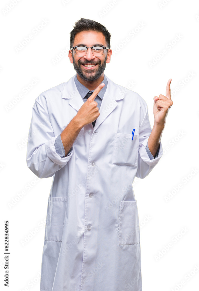 Adult hispanic scientist or doctor man wearing white coat over isolated background smiling and looking at the camera pointing with two hands and fingers to the side. Adult hispanic scientist or doctor man wearing white coat over isolated background smiling and looking at the camera pointing with two hands and fingers to the side.