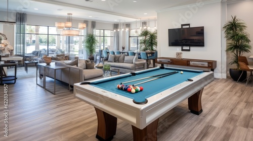 Game room with a pool table, a foosball table, and other entertaining options for residents to enjoy friendly competition and leisure activities © Damian Sobczyk