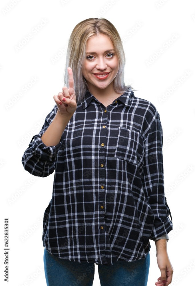Young blonde woman over isolated background showing and pointing up with finger number one while smiling confident and happy. Young blonde woman over isolated background showing and pointing up with finger number one while smiling confident and happy.