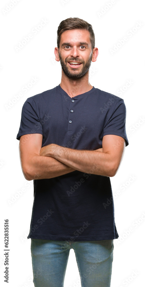 Obraz premium Young handsome man over isolated background happy face smiling with crossed arms looking at the camera. Positive person.