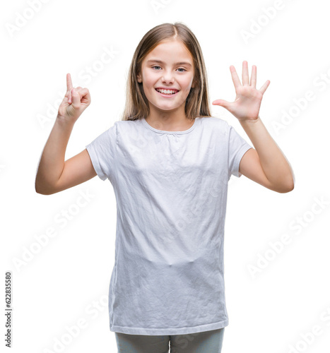 Young beautiful girl over isolated background showing and pointing up with fingers number six while smiling confident and happy.