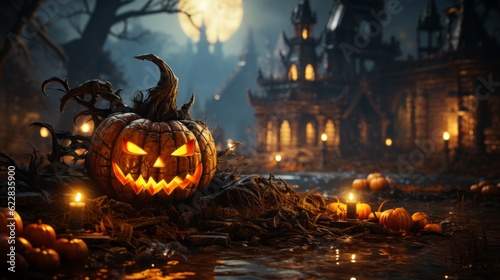 A spooky Halloween night with ominous glowing lanterns, eerie tree and sinister-looking jack-o-lanterns in front of a castle. Generative AI