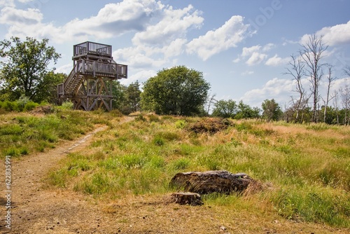 Wooden lookout tower on heathlands in the De Meinweg National Park, part of the Maas-Schwalm-Nette Park, Limburg region, the Netherlands photo