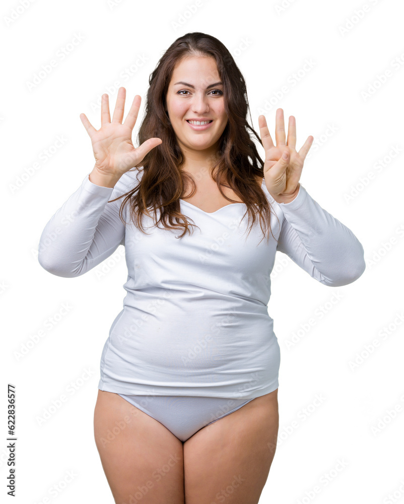 Beautiful plus size young overwight woman wearing white underwear over isolated background showing and pointing up with fingers number nine while smiling confident and happy.