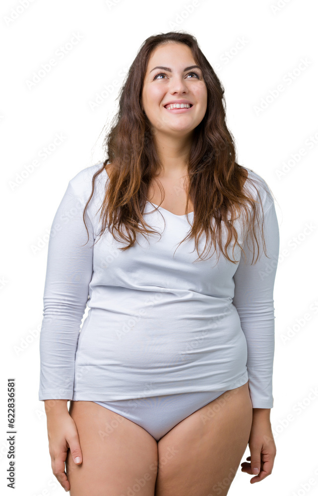 Beautiful plus size young overwight woman wearing white underwear over isolated background smiling looking side and staring away thinking. Beautiful plus size young overwight woman wearing white underwear over isolated background smiling looking side and staring away thinking.