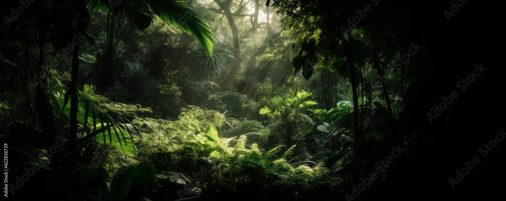 jungle in the jungle, Photographic Capture of a Tropical Green Forest, Abounding with Green Leaves, Showcasing Texture-Rich Compositions and Naturalistic Shadows, with Sunlight Peeking Through