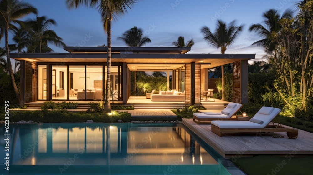 Fototapeta premium Embrace the tropical climate of Miami by incorporating architectural elements like open - air spaces, large windows, and a seamless indoor outdoor flow