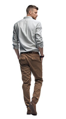 Back view of an Isolated handsome young man wearing a shite shirt and tobacco chino trousers, walking,  cutout on transparent background, ready for architectural visualisation.