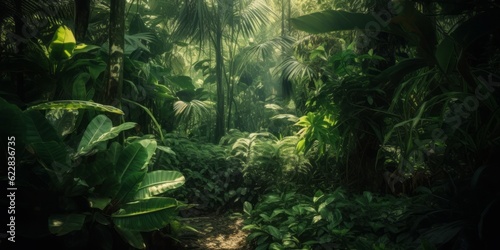Fototapeta Naklejka Na Ścianę i Meble -  jungle in the jungle, Photographic Capture of a Tropical Green Forest, Abounding with Green Leaves, Showcasing Texture-Rich Compositions and Naturalistic Shadows, with Sunlight Peeking Through