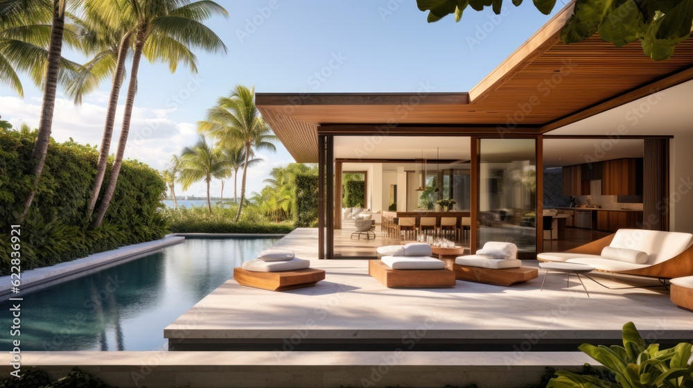 Fototapeta premium Embrace the tropical climate of Miami by incorporating architectural elements like open - air spaces, large windows, and a seamless indoor outdoor flow