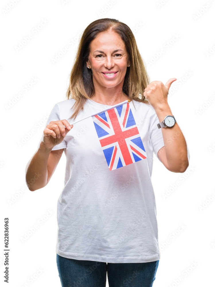 Middle age hispanic woman holding flag of United Kingdom over isolated background pointing and showing with thumb up to the side with happy face smiling Middle age hispanic woman holding flag of United Kingdom over isolated background pointing and showing with thumb up to the side with happy face smiling