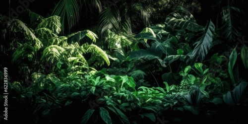 jungle in the jungle  Photographic Capture of a Tropical Green Forest  Abounding with Green Leaves  Showcasing Texture-Rich Compositions and Naturalistic Shadows  with Sunlight Peeking Through