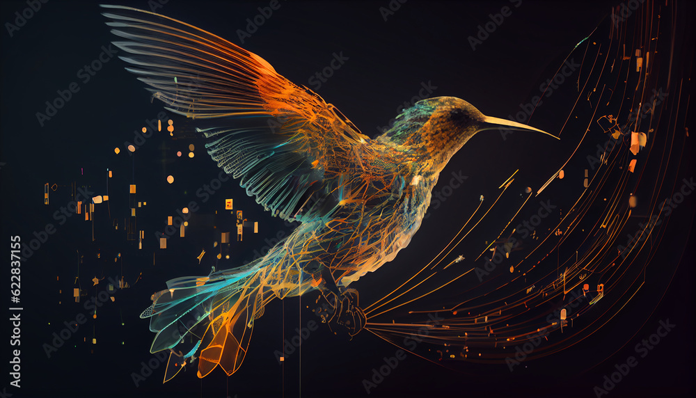 Fototapeta premium Harmonious data flow concept with Digital humming bird flying, Created with AI tool