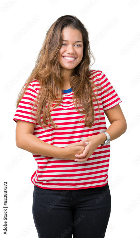 Young beautiful brunette woman wearing stripes t-shirt over isolated background Hands together and fingers crossed smiling relaxed and cheerful. Success and optimistic Young beautiful brunette woman wearing stripes t-shirt over isolated background Hands together and fingers crossed smiling relaxed and cheerful. Success and optimistic