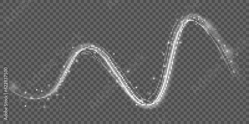Light trail wave effect. Abstract motion lines, glowing headlights and optical fiber, PNG glow curve swirl, road car headlights and glowing white speed lines on a swirl light on the road.