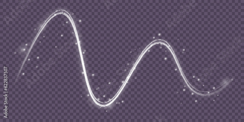 Light trail wave effect. Abstract motion lines, glowing headlights and optical fiber, PNG glow curve swirl, road car headlights and glowing white speed lines on a swirl light on the road.