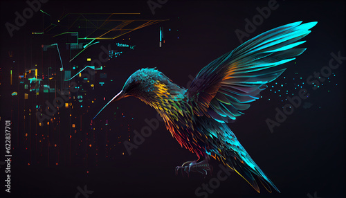 Harmonious data flow concept with Digital humming bird flying, Created with AI tool