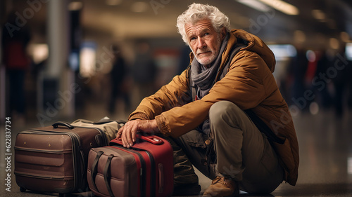 persona anziana con capelli bianchi pronta per partire all'aereoporto, viaggiare ad ogni età, spazio per testo, photo