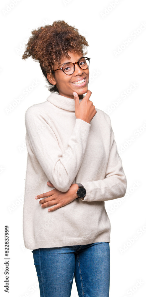 Beautiful young african american woman wearing glasses over isolated background looking confident at the camera with smile with crossed arms and hand raised on chin. Thinking positive. Beautiful young african american woman wearing glasses over isolated background looking confident at the camera with smile with crossed arms and hand raised on chin. Thinking positive.