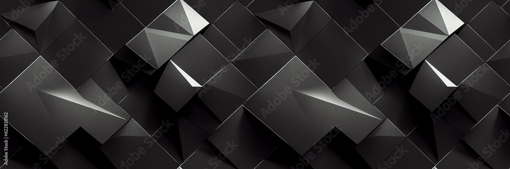 Dark abstract panoramic background. Modern futuristic mosaic pattern of various geometric shapes and polygons. Wide rough texture background with seamless pattern. Perfect for design. Generative AI. Dark abstract panoramic background. Modern futuristic mosaic pattern of various geometric shapes and polygons. Wide rough texture background with seamless pattern. Perfect for design. Generative AI.