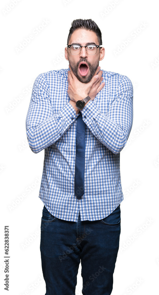 Young business man wearing glasses over isolated background shouting and suffocate because painful strangle. Health problem. Asphyxiate and suicide concept. Young business man wearing glasses over isolated background shouting and suffocate because painful strangle. Health problem. Asphyxiate and suicide concept.