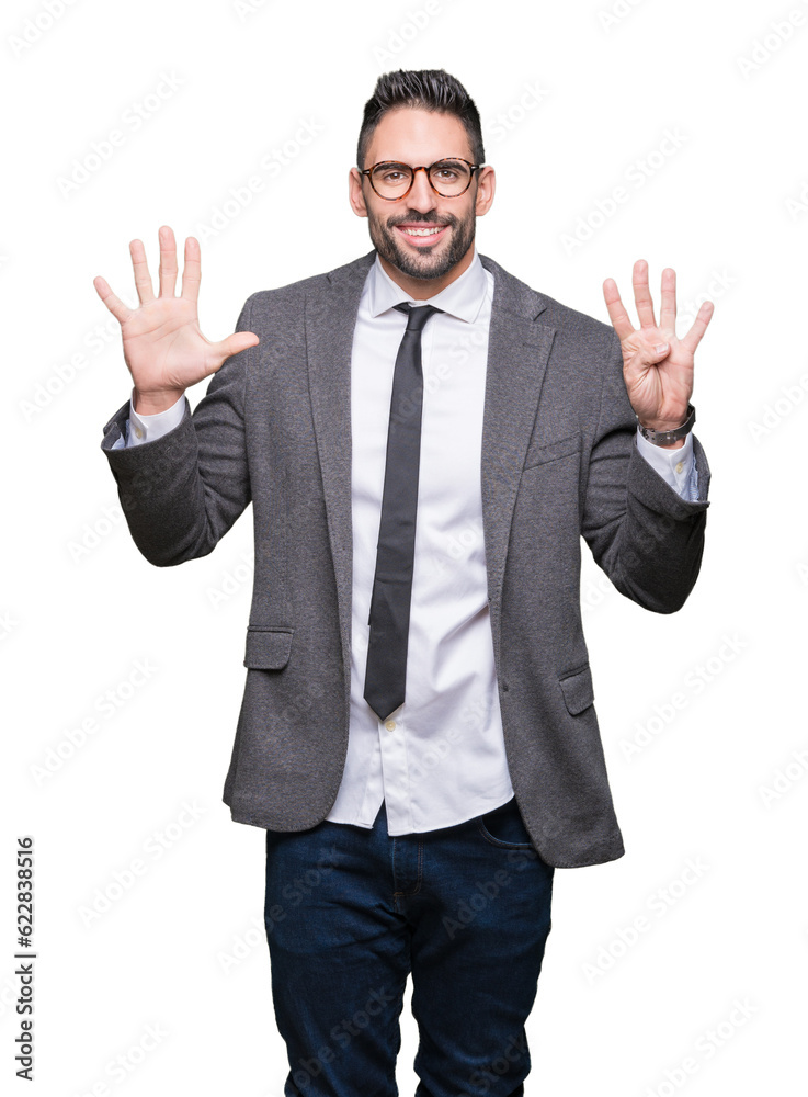 Young handsome business man over isolated background showing and pointing up with fingers number nine while smiling confident and happy. Young handsome business man over isolated background showing and pointing up with fingers number nine while smiling confident and happy.