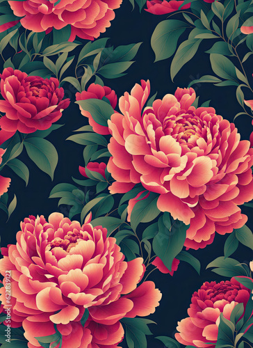 Seamless peony flowers and leaves pattern flat design created with Generative AI technology