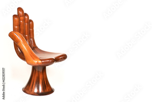 Wooden chair in the shape of a hand isolated on white background, chair with modern design