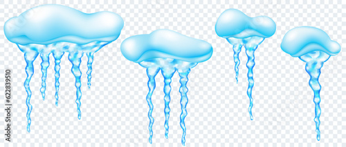 Set of snowdrifts with translucent light blue realistic icicles of different lengths, isolated on transparent background. Transparency only in vector format